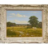 British school (Contemporary) A horse in a country field, indistinctly signed, oil on canvas, 45cm