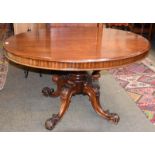 A Victorian mahogany loo table on four carved scroll feet, 130cm by 100cm by 70cm