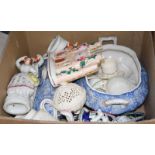 Two boxes of assorted ceramics and glass, including: Maling, Victorian Staffordshire figures,
