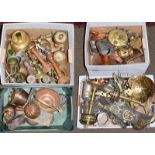 Four boxes of 19th century and later metalwares, etc, to include copper measures, pewter tankards,