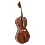 Cello 29 3/4'' two piece back, upper bout 13 1/4'', middle 9 1/4'' and lower 16 3/4'', depth of ribs