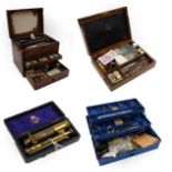 Various Dental Instruments in a five drawer mahogany cabinet, a mahogany and two other containers;