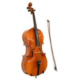 Cello 29 1/2'' two piece back, ebony fittings, no label, with bow stamped 'Erich Steiner' (2)