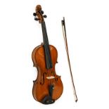 Violin 14'' two piece back, no label, ebony fingerboard and pegs, cased, with bow stamped 'Laberte'