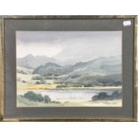 Five Victorian oak framed prints; together with two framed watercolours one of Elleswater signed E