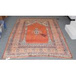 Tabriz silk prayer rug, circa 1870, the rust field with hanging lamp framed by upper spandrels and