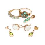 A pair of peridot drop earrings, stamped '9CT', length 1.4cm; a pair of opal doublet earrings,