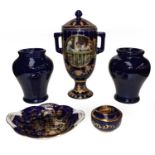 Gilt highlighted cobalt blue items including Limoge vase and cover, Coalport dish, a pair of Doulton