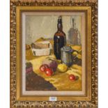 M.E Ayrton (1921-1975) still life of fruit, tankard, and bottle, signed oil on board, 40cm by 29cm