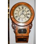 A late Victorian inlaid mahogany drop dial wall clock bearing label "Superior 8-Day Anglo-American