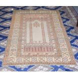 Bandirma prayer rug, West Anatolia, circa 1930, the pale mint field beneath the Mihrab framed by