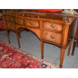 A Georgian style crossbanded and inlaid serpentine sideboard, 182cm by 56cm by 92.5cmCondition