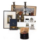 Sundry items, including a pair of brass ship bookends, two Victorian glass inkwells, a Georgian