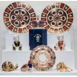 Royal Crown Derby paperweights including Harrods bear, together with three Royal Crown Derby Imari