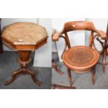A 1920s bentwood armchair, with fan pattern seat, together with a Victorian and walnut worktable