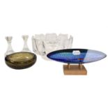 A Kost Boda glass navette form ornament on stand, an Orrefors bowl, pair of Villeroy & Bosch