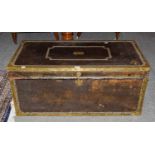 A Georgian and leather brass mounted camphor wood campaign chest, 107cm by 54cm by 48cm