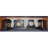Four Victorian slate eight day striking mantel clocks circa 1880, including one example set with