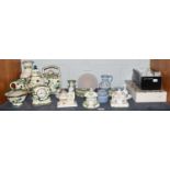 A collection of decorative ceramics including Wedgwood Jasperware, Masons ironstone Chartreuse table