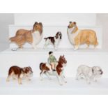 A Beswick pony girl, two Beswick collie dogs; together with two Royal Doulton bull dogs and spaniel