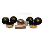 A 19th century Chinese famille rose beaker, six Chinese lacquered and gilt bowls, similar box and