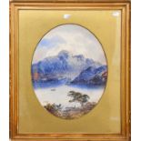 Edwin Earp (1851-1945) Lake scene, signed, oval watercolour, 40cm by 32cm, with two works by J.