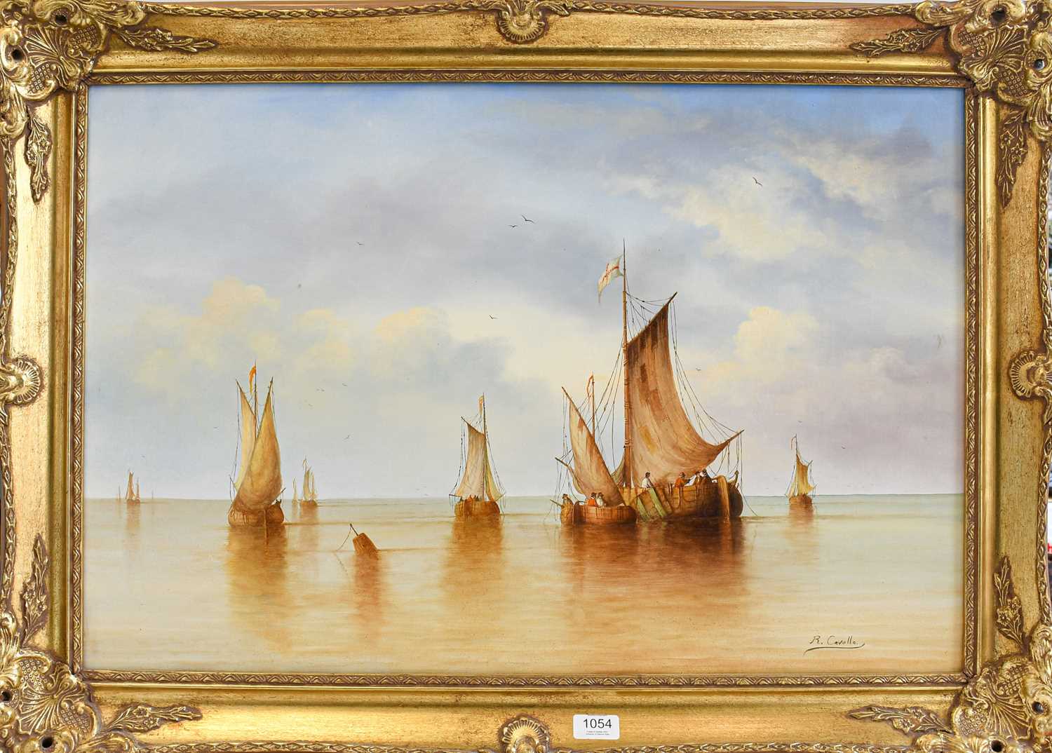 R Cavalla (20th century) fishing boats on the sea in the 19th century style, signed oil on