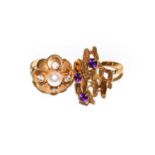 A 9 carat gold amethyst ring, finger size N; and another ring stamped ‘585’, finger size M