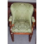 A Victorian mahogany part-upholstered open armchair with scroll arms