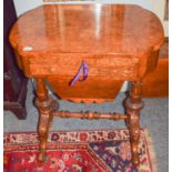 A Victorian burr walnut inlaid and quarter veneered work table, fitted interior with easel backed