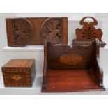 An Edwardian inlaid oak smokers cabinet, a pierced oak sliding book stand, an Edwardian mahogany