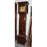 An oak thirty hour longcase clock, 9-1/4-inch square brass dial unsigned, single hand, later