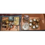 A Chinese presentation tea chest, a Turkish brass coffee set, a brass coffee grinder, three