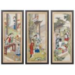 Three early 20th-century Chinese coloured prints, embellished with gilt, figures at various