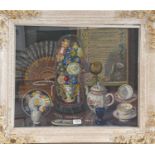 Katherine Helen Bourne (18998-1981), Still life of china, glass and a fan, signed oil on canvas,