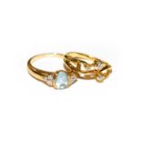 An 18 carat gold diamond ring, finger size M; and a 9 carat gold aquamarine and diamond ring, finger