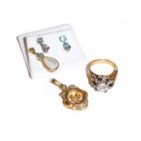 A 9 carat gold sapphire and diamond cluster ring, finger size P1/2; two gem set pendants; and a pair