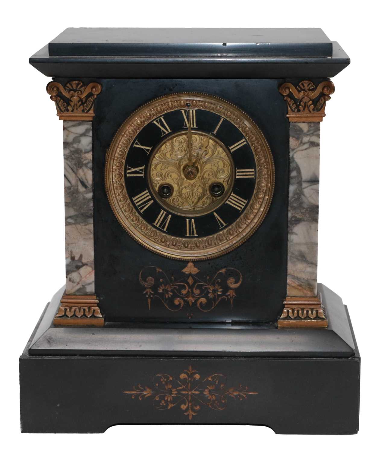 A Victorian black slate and marble striking mantel clockCondition report: The case with some small