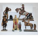 Five assorted cold painted spelter figural table strikers, comprising George VI Coronation, King