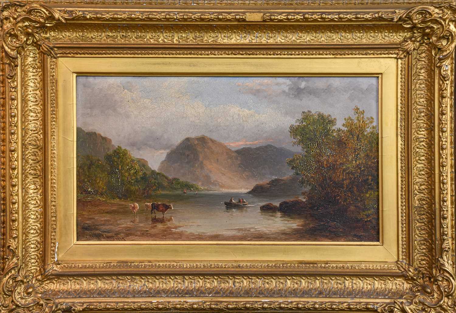 British School (19th Century), Cattle watering in a Lakeland landscape with figure boating,
