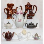 A Late 18th century Pearlware coffee pot, together with a quantity of 19th century teapots to