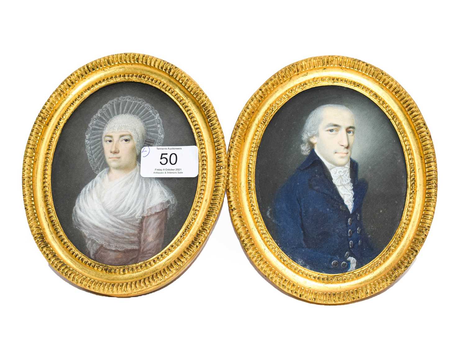 A pair of watercolour and gouache oval miniatures, possibly Russian, circa 1800, depicting a husband