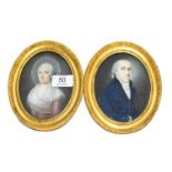 A pair of watercolour and gouache oval miniatures, possibly Russian, circa 1800, depicting a husband