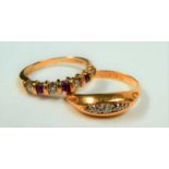 An 18 carat gold diamond five stone ring, finger size P; and a 9 carat gold ruby and diamond seven