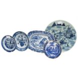 An early 19th century Chinese blue and white rectangular dish painted with a typical landscape,