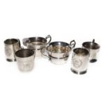 A silver milk jug and matching sugar bowl and four silver christening mugs, Birmingham, 484 grams