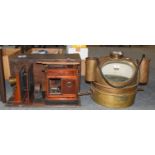 A Victorian magic lantern in pine case and a brass ships binnacle (2)