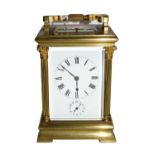 A Brass Striking and Repeating Alarm Carriage Clock, circa 1890, carrying handle and repeat