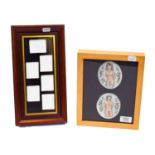 Six small lithophane erotic panels, framed as one, each 4cm by 5cm; two oval moulded erotic