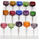 Fifteen German hock glasses, assorted colours (one tray)